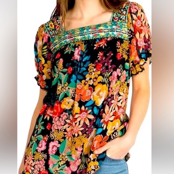 Johnny Was Tops - Johnny Was Large Brisbane bold floral short sleeve blouse top square neck